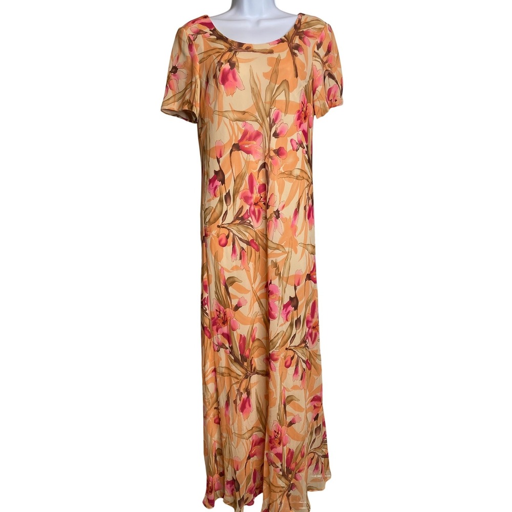 Vintage 90s Adrianna Papell Women Orange Floral Silk Maxi Dress Sz 4 Flowy Airy